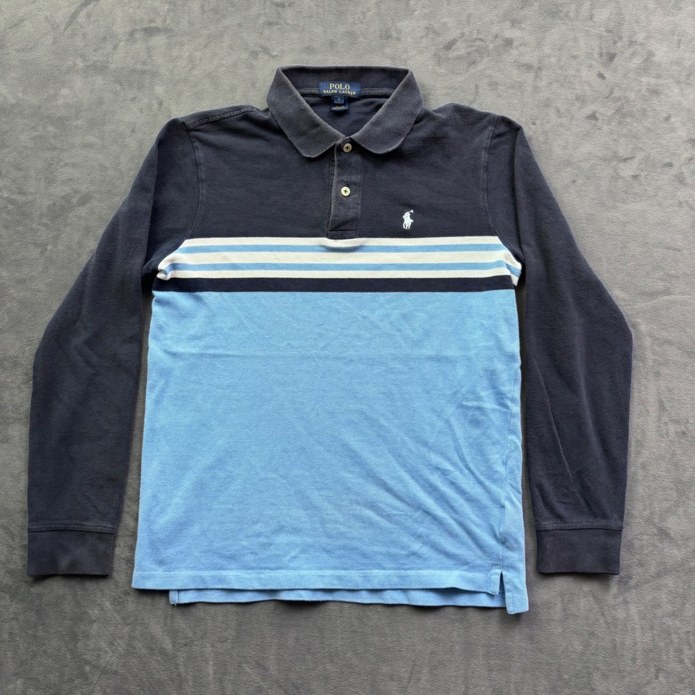 Polo Ralph Lauren Mens Blue Colorblock Striped Long Sleeve Polo Shirt Large